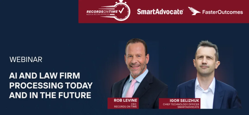 Webinar promo graphic for 'AI and Law Firm Processing Today and in the Future,'