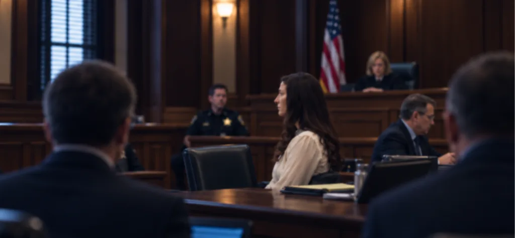 A woman with long dark hair sits at the defense table in a wood-paneled courtroom, facing forward as a judge looks on from the bench and a uniformed officer stands nearby, with the backs of two attorneys' heads visible in the foreground. Medical records have played a central role in the Lindsay Clancy case.