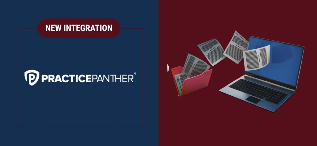 Graphic announcing a new PracticePanther integration, with documents flying from a folder into a laptop screen.