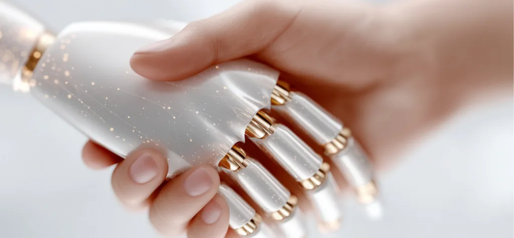 A human hand shakes hands with an AI hand made of white plastic and gold joints in this image for a blog post about human medical record retrievers vs. AI.